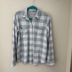 Faherty Legend Knit Shirt Gray White Buffalo Plaid Button Down Small